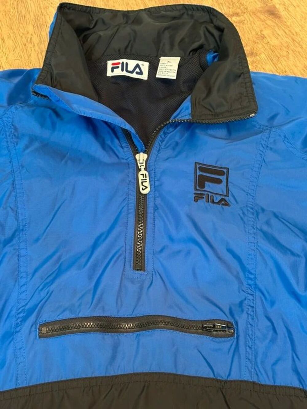 Vintage 90s FILA Windbreaker Mens XL Blue Black Colorblock 1/4 Zip Pullover